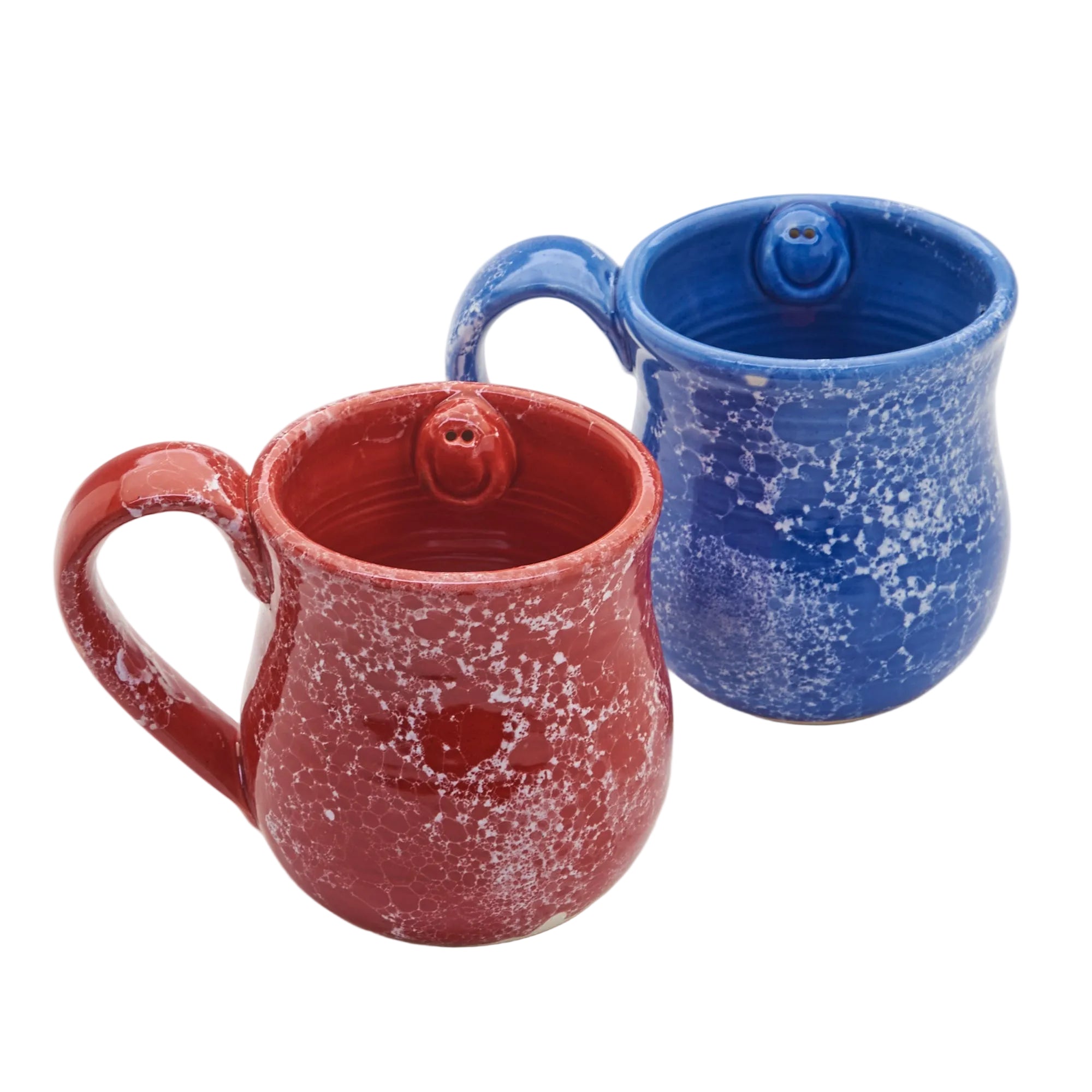 Two ceramic mugs, one red and one blue, on a white background